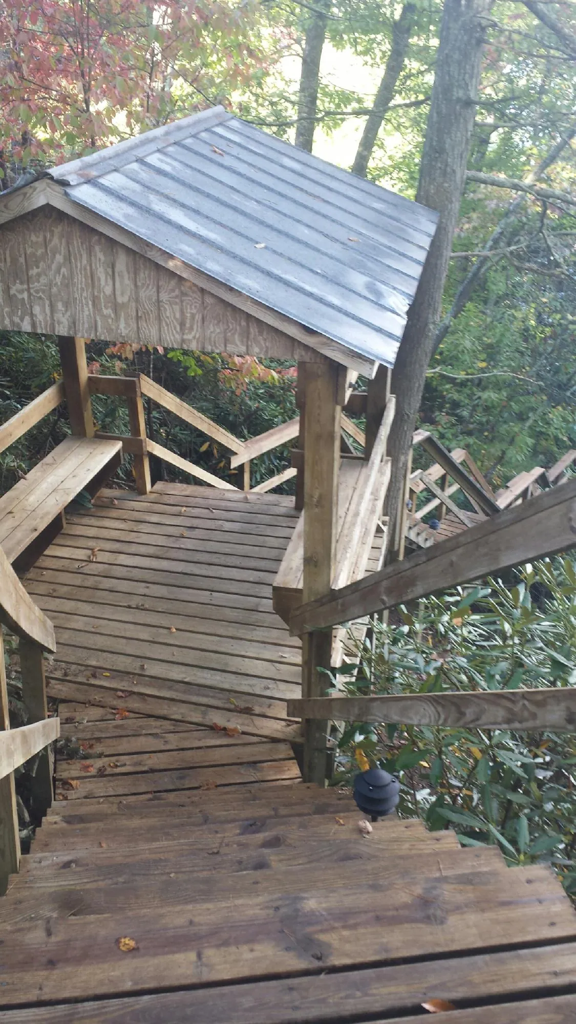 Metal roofed shelter over wooden steps on a wooded walkway — Skylight Repair & Installation work by our crew in Glenarm